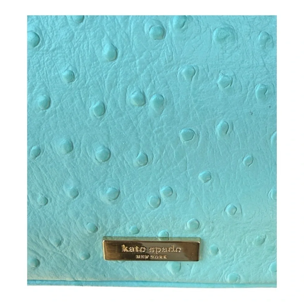 Kate Spade Robins Egg Blue Ostrich Design Embossed Leather W Bow Handbag 11x8 In